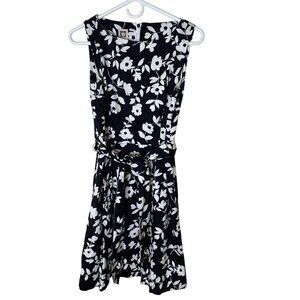 Anne Klein Size 4 A-Line Black White Floral Stretch Cotton Dress Pockets